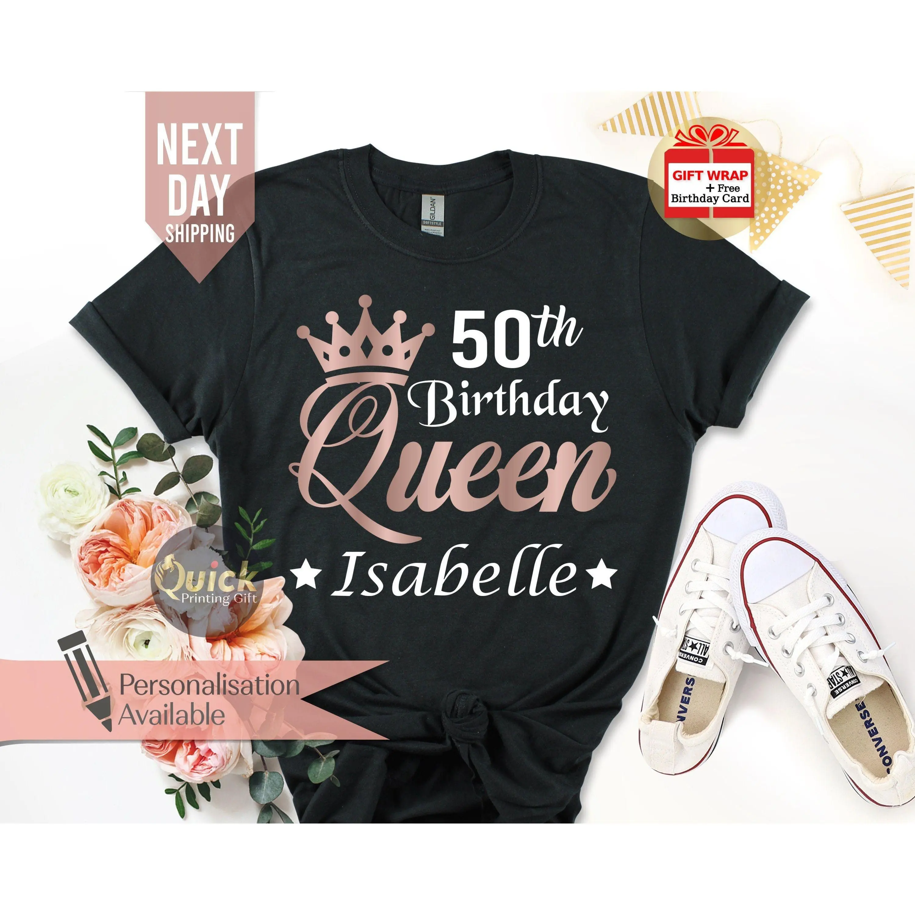 Personalised 50th Birthday Tshirt for Woman, Ladies Birthday Queen TShirts, 50th Birthday Gifts for women, Birthday Gift for Mum Grandma top