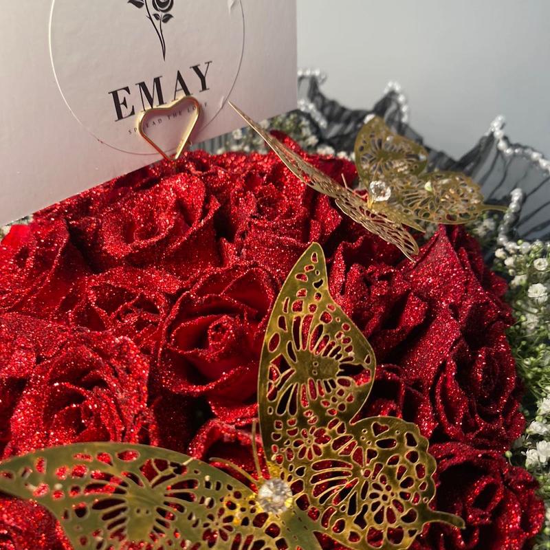 Small bouquet- red glitter roses with 2 gold butterflies gift flower 2