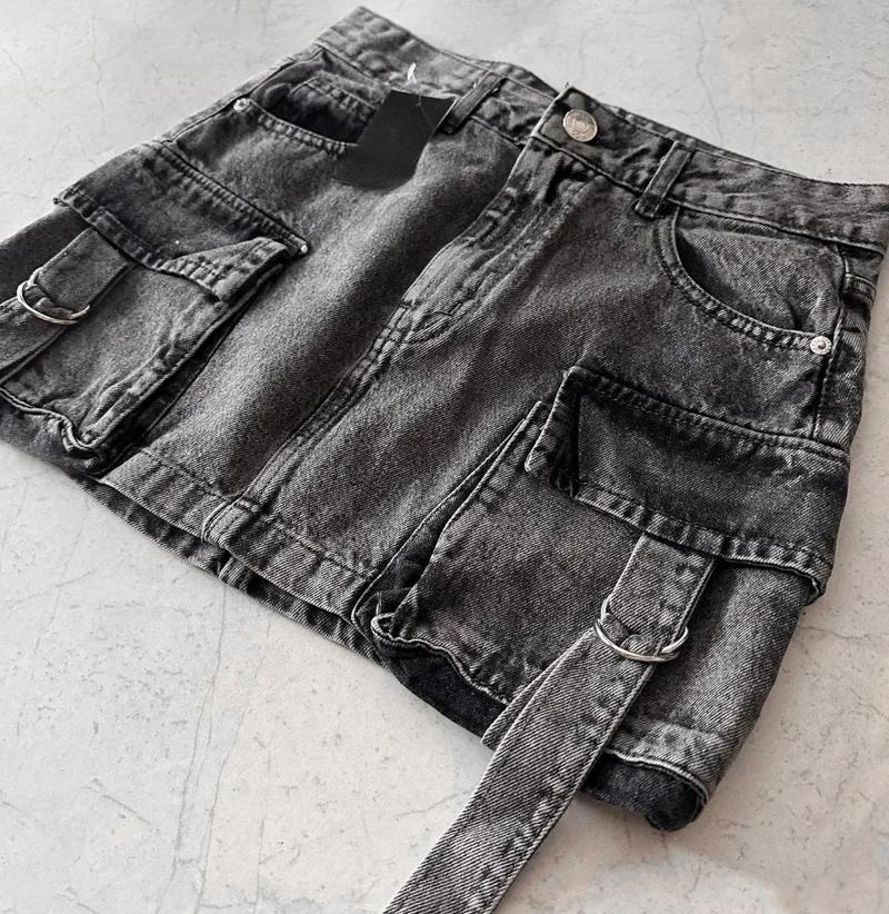Product Introduction of Harajuku Multiple Pockets Denim Plaid Skirt Vintage Goth Black Y2k Mini Skir Fashion Womens Casual Versatile Sexy Streetwear 8