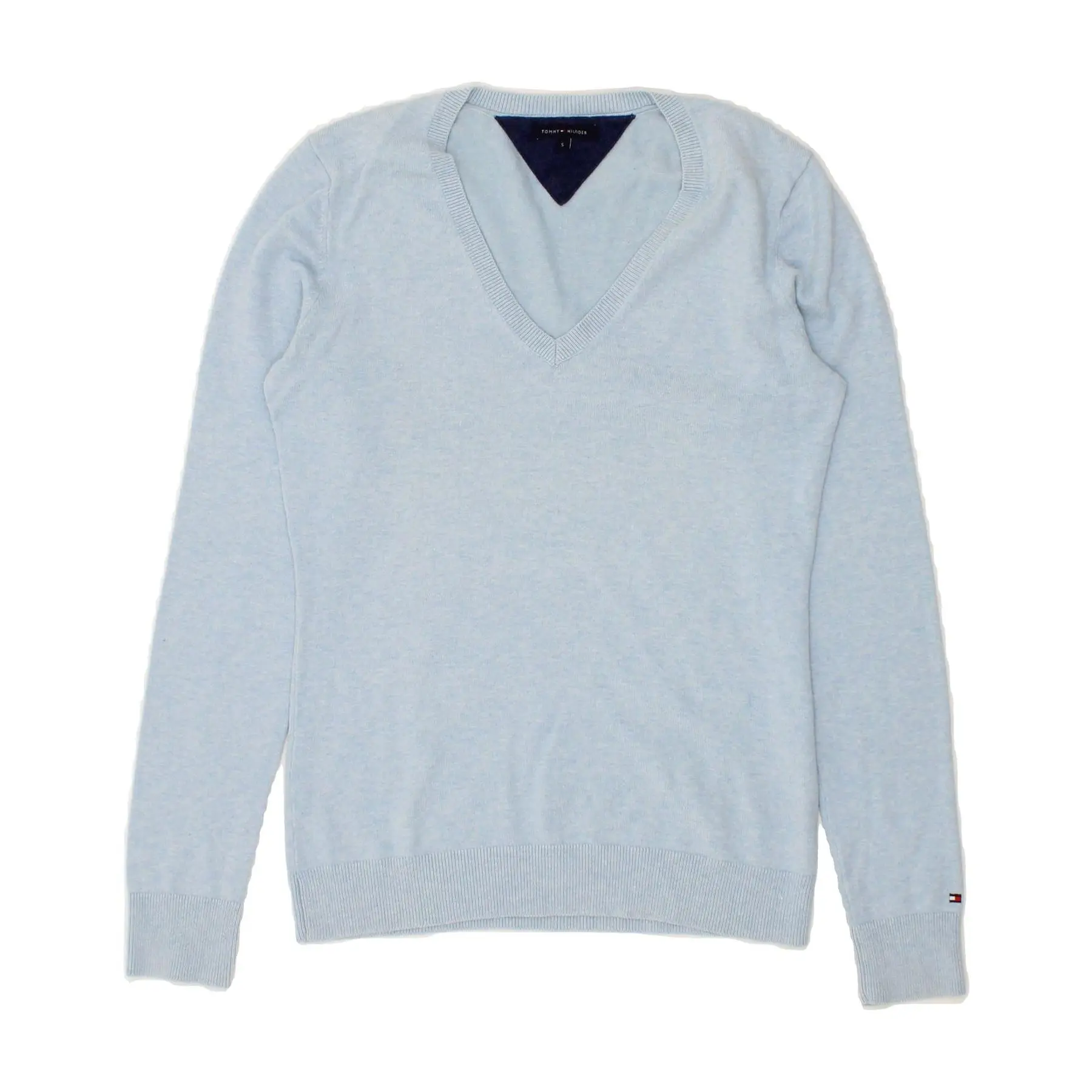 Pre-Owned Vintage TOMMY HILFIGER Womens V-Neck Jumper Sweater UK 10 Small Blue Cotton