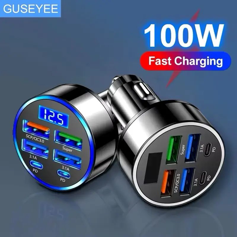 100W 6 Port USB Super Fast Car Charger Adapter for iPhone Android Cell Phone - Electronic, Smartphone