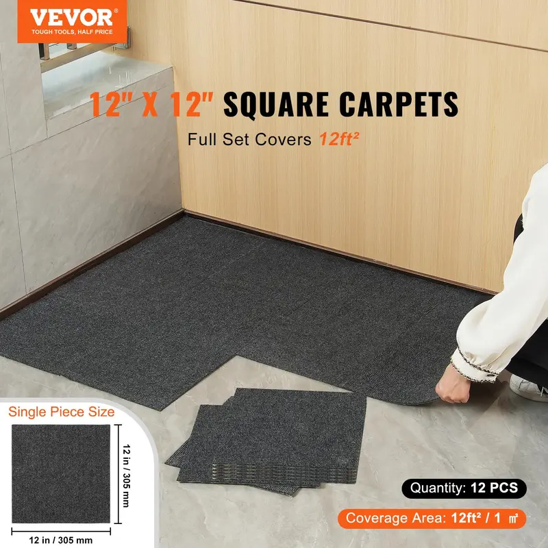 VEVOR Carpet Tiles Peel and Stick, 12” x 12” Squares Self Adhesive Carpet Floor Tile, Soft Padded Carpet Tiles, Easy Install DIY for Bedroom Living Room Indoor Outdoor (12 Tiles, Dark Gray) 1