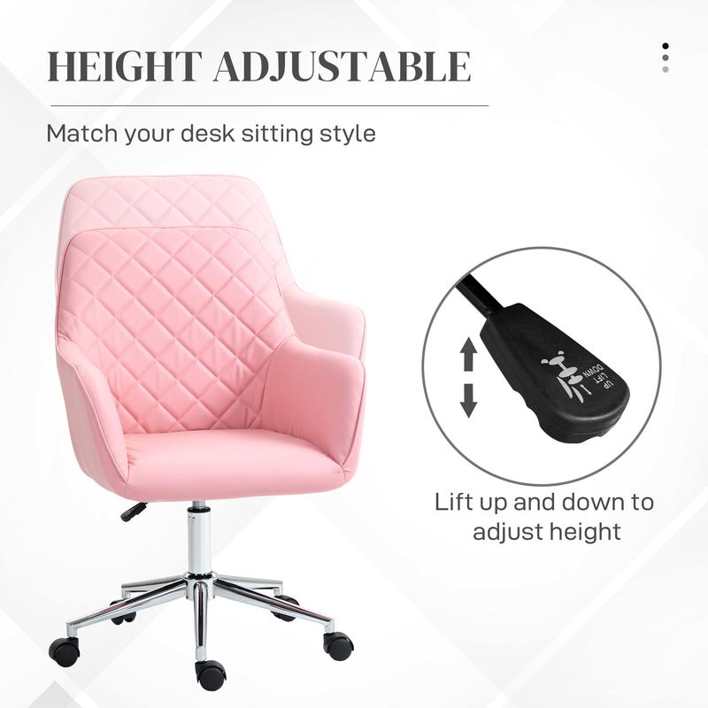 Vinsetto Office Desk Chair, Leather-Feel Fabric Computer Swivel Chair with Rolling Wheels and Adjustable Height for Home, Pink 2