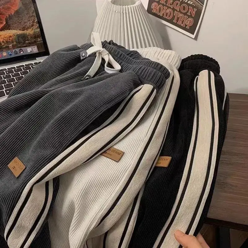 【2025】Fall Striped Corduroy Sweatpants Women Winter Thick High Waist Drawstring Wide Leg Trousers Y2K Korean All-Match Straight Pants