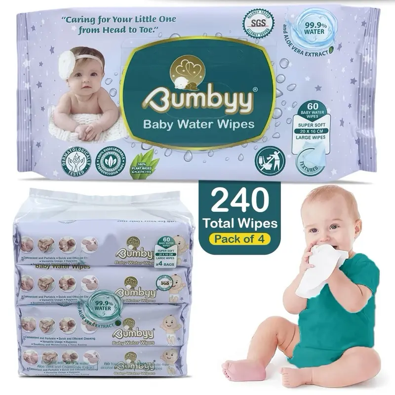 Bumbyy Baby Water Wipes - Biodegradable Wet Wipes, 240 Count (Pack of 4) - 99.9% Water-Based, Unscented Baby Wipes with Aloe Vera & Chamomile Extract - 100% Plant-Based, Alcohol & Chlorine-Free