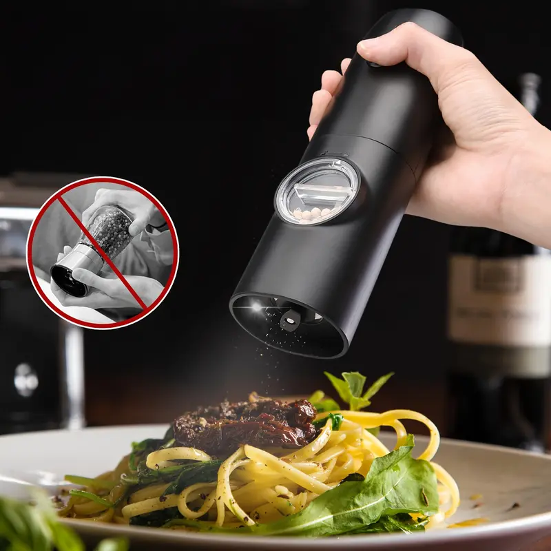 Rechargeable Electric Pepper and Salt Grinder Set, Automatic Pepper Grinder, with Charging Base, USB Cable, LED Light, Adjustable Coarseness, Single-Handed Automatic Operation, Black 2pcs 7