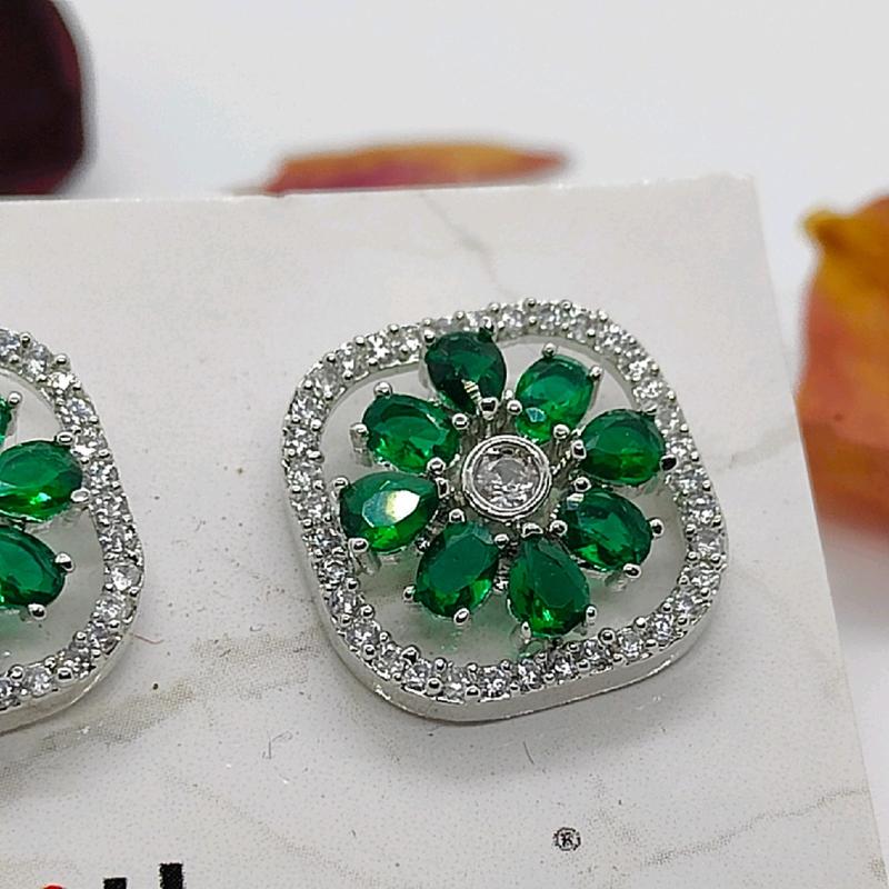 Dilbaro Silver Plated Zircon Stud Earrings AD Earrings AD Studs Premium Jewellery Green and Blue stone Ethnic Jewellery 2