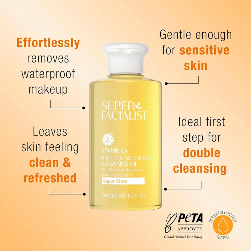 Super Facialist Vitamin C+ Cleansing Oil, Face Cleanser for Dissolving Makeup & Daily Impurities, Contains Olive Oil, Vegan Friendly, 200ml - Skincare 1
