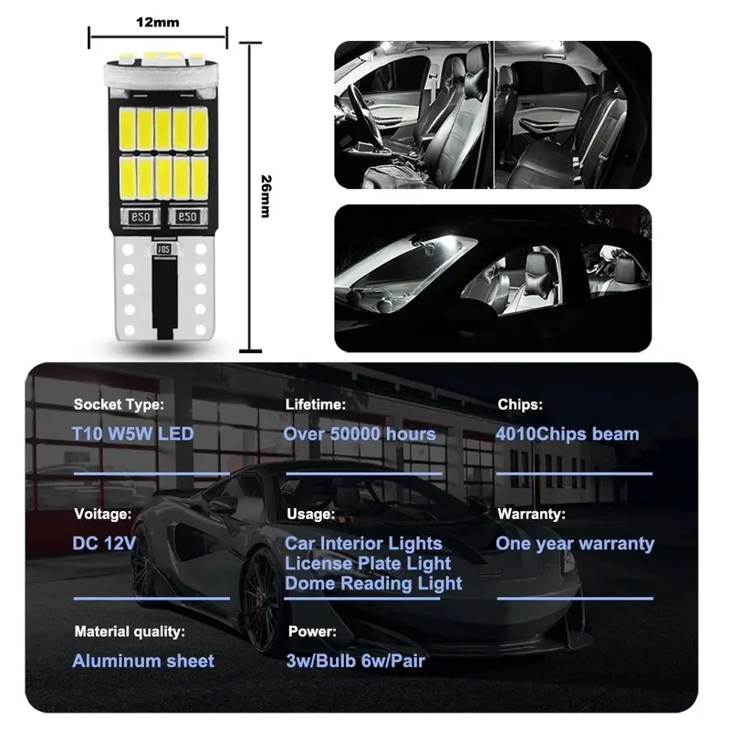 MJA ONLINE LED T10 W5W 26 SMD 4014 Chip Bulbs, Decode Error-Free for Motor Vehicle Interior, License Plate Illumination, 12V Dome Reading Lamps, Hardwired, No Battery 4