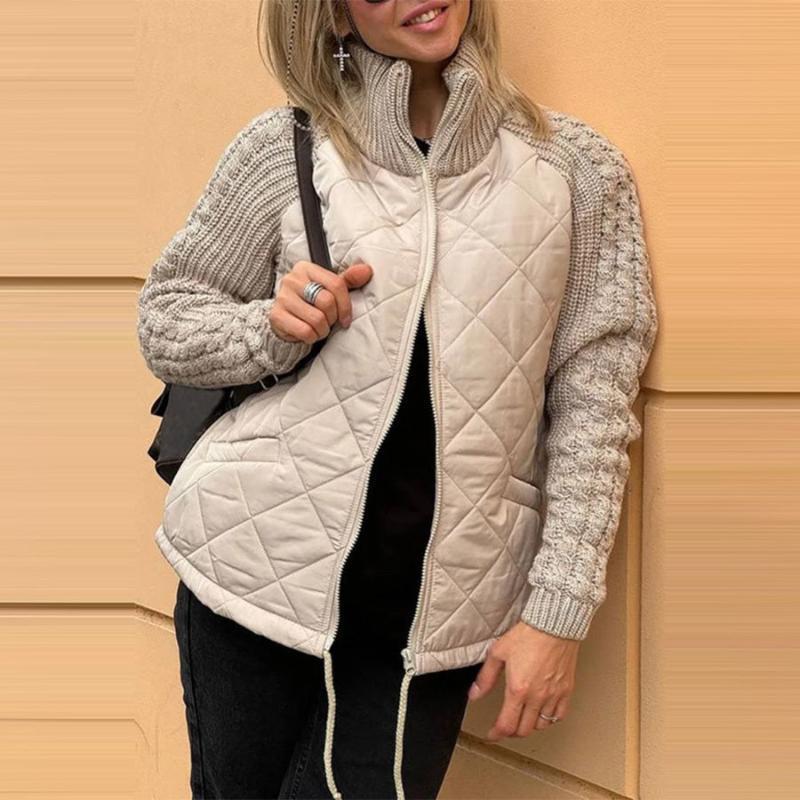 Women Stand Collar Fashion Knitted Stitching Jacket Womenswear coat solid minimalist Fabric Knitwear Army Check Garment Hoodie 4