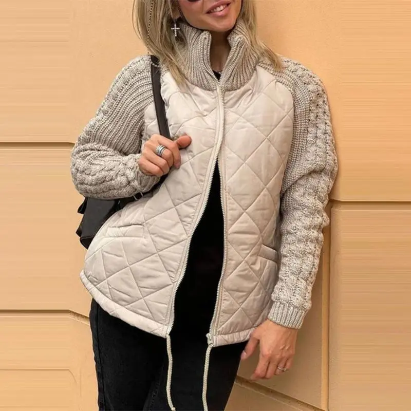 Women Stand Collar Fashion Knitted Stitching Jacket Womenswear coat solid minimalist Fabric Knitwear Army Check Garment Hoodie 4