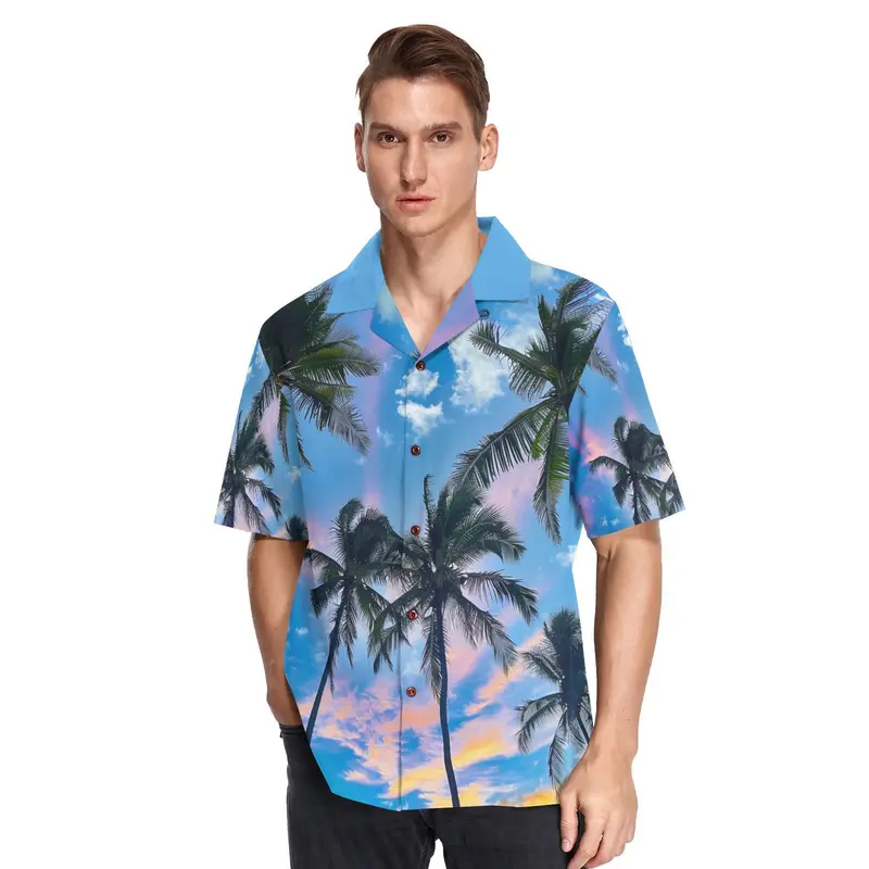 High Quality Palm Design Custom Shirt Printing Men Beach Wear Polyester Outdoor Hawaiian Shirts Summer Button up Shirt for Men 4
