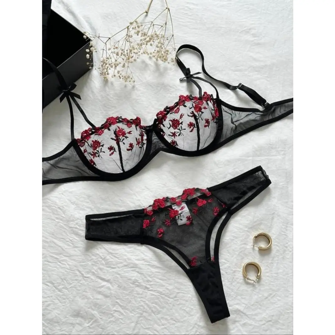 Women's Floral Embroidery Sheer Sexy Lingerie Set, Adjustable Strap Bow Decor Underwire Bra & Thong, Soft Comfy Breathable Lingerie Set for Women, Boo Basket Items for gf