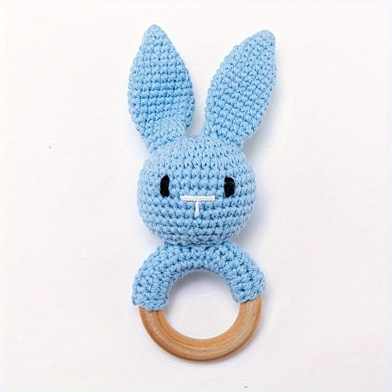 Crochet Rabbit Baby Rattle, Cute Rabbit Grasping Toys, Baby Gnawable Wooden Hand Rattle, Hand Rattle Toy Gift Box, White Pink Blue Brown, with Christmas & Easter Gift 4