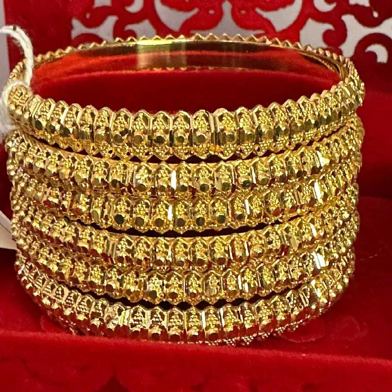 A5 -A6 New Designs 24k Original Plating Gold Look Bangles - Same Gold Style, Set of 5 Bangles size 2.4-2.12 available 5