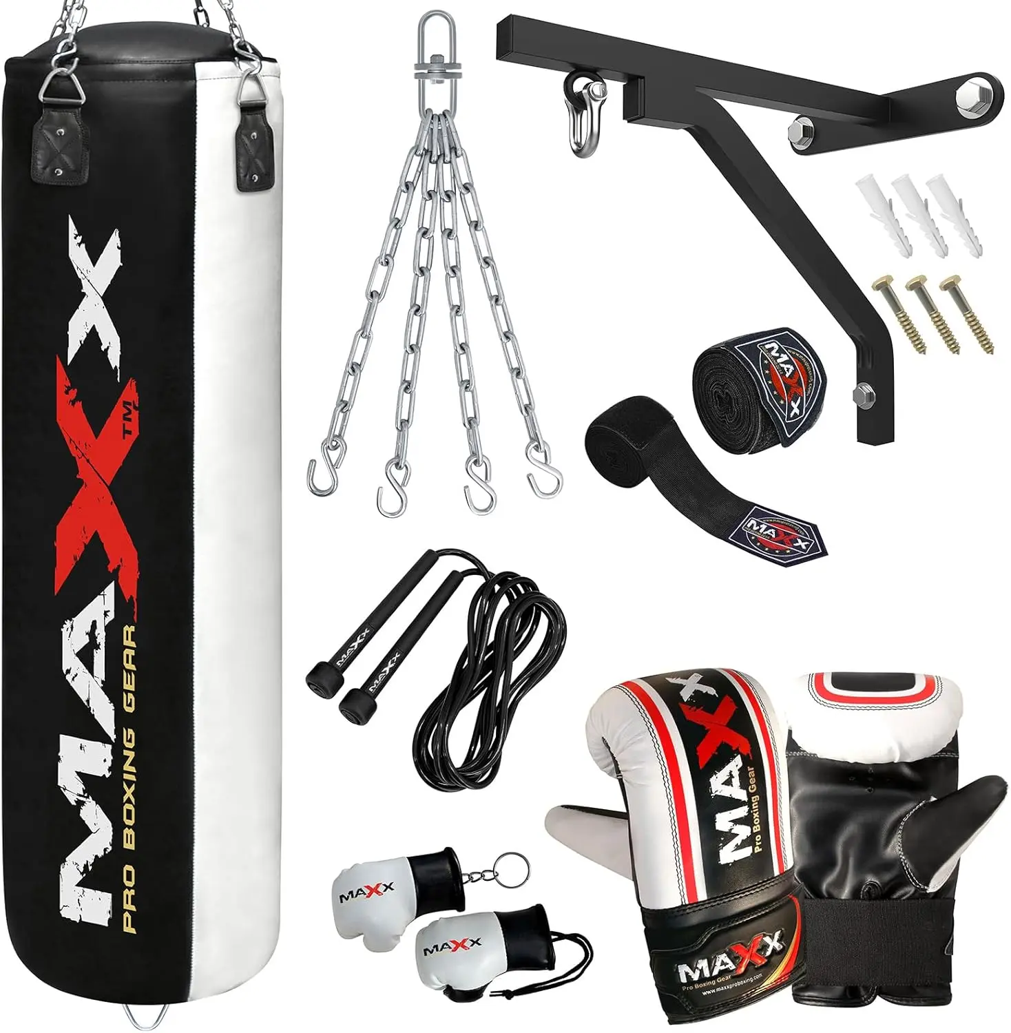 Maxx Black and White 3ft 4ft 5ft 6ft Filled Hanging Boxing Punch Bag Set Heavy Punching bag