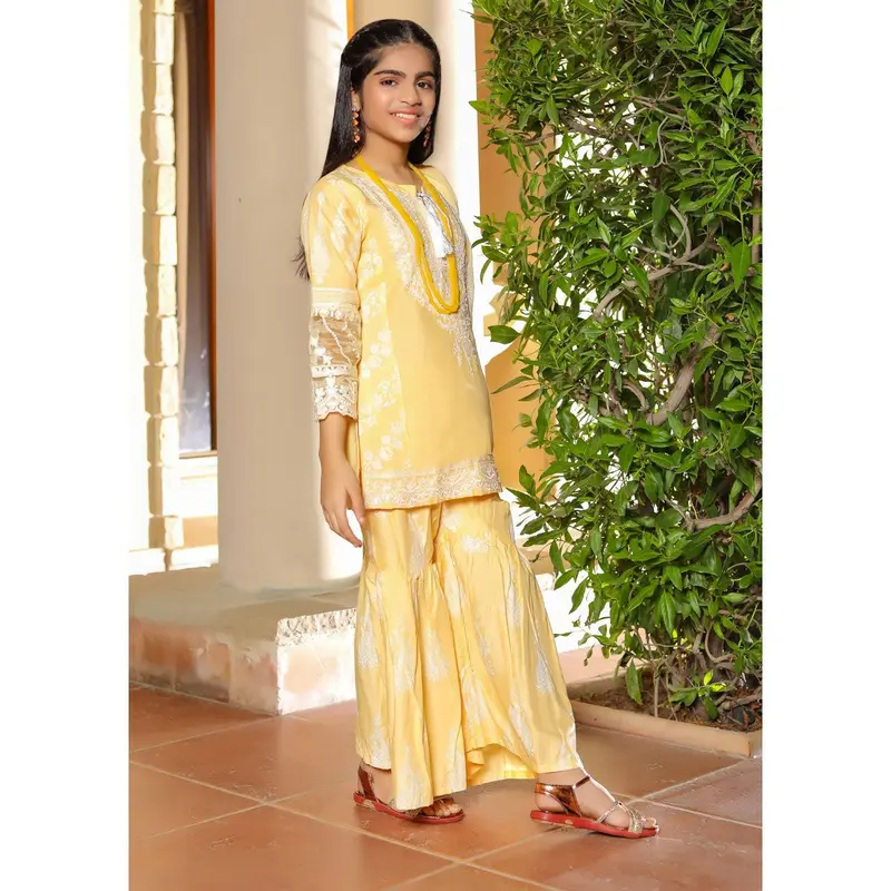 HK181 Bekhud Readymade Yellow Linen Mother & Daughter Suit 4