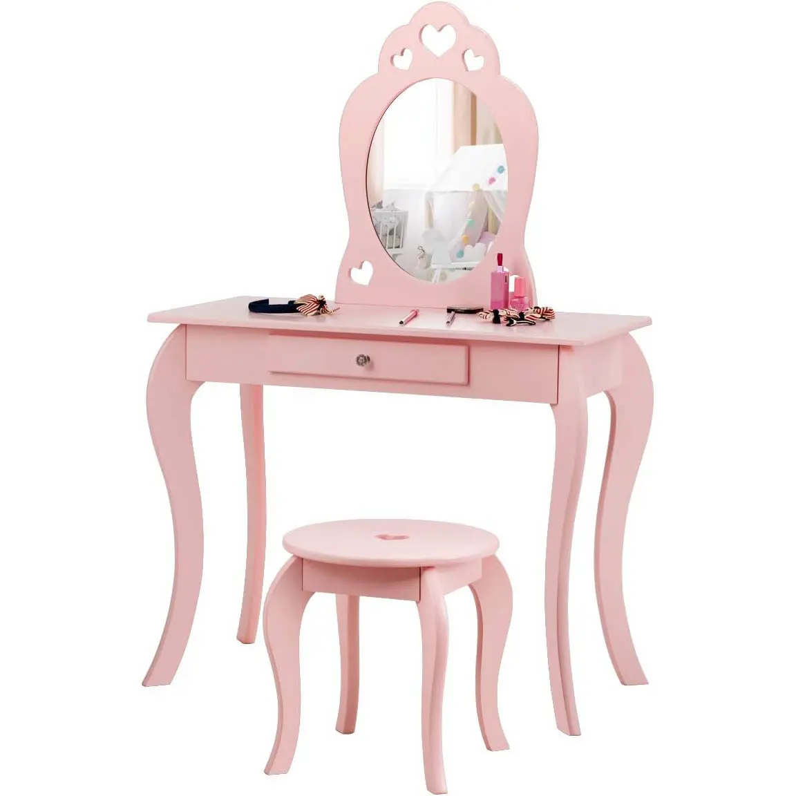 COSTWAY Kids Vanity Table and Stool, 2 in 1 Girls Makeup Dressing Table with Removable Mirror and Drawer, Wooden Children Study Desk and Chair Set