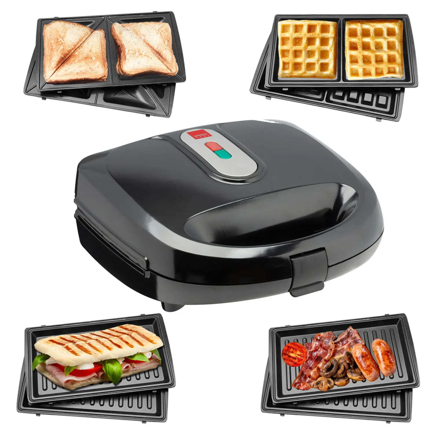 Sensio Home Multi Functional 3 in 1 Stylish Waffle, Deep Fill Sandwich, Panini or Grill Maker Machine Interchangeable Non Stick Easy Clean Plates, Secure Lock Plus Ready & Power Lights, Powerful Iron