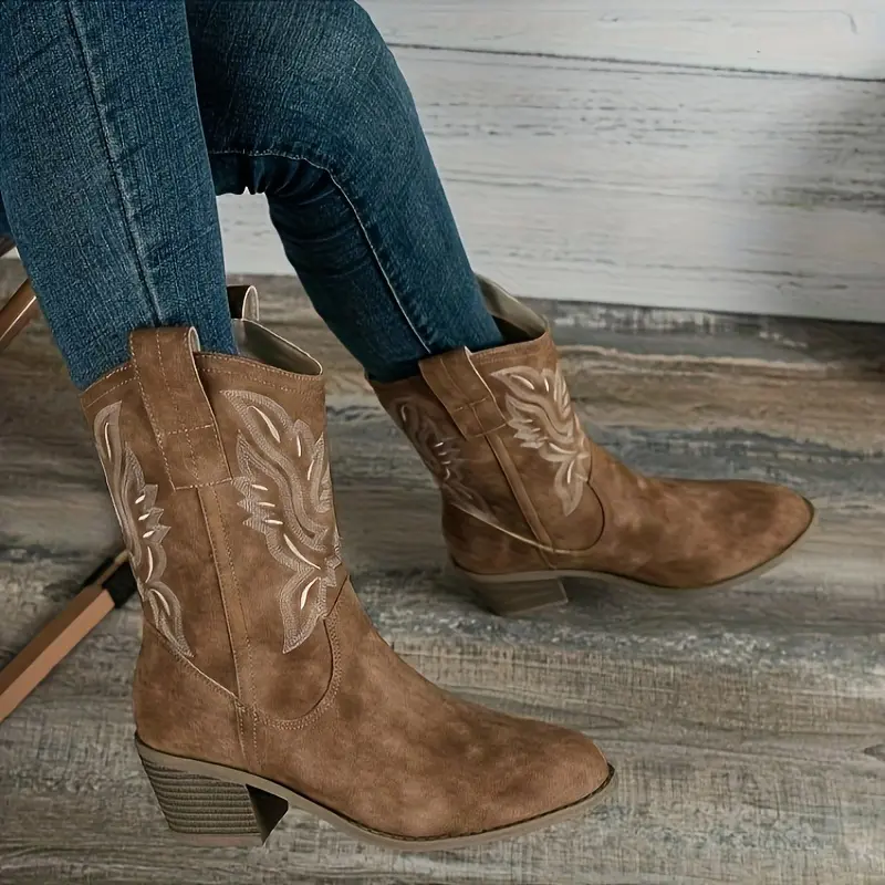 Women'S Chunky Heel Mid Calf Boots, Casual Point Toe Dress Boots, Comfortable Slip On Cowboy Boots