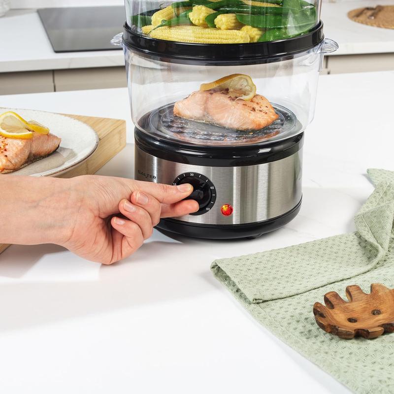 3 Tier Electric Food Steamer - 7.5L, Stackable Steaming Baskets, Dishwasher Safe, BPA Free Includes Rice Bowl, 60 Minute Timer, Compact Storage, Healthy Cooking Vegetables & Fish, 500W, EK2726 1