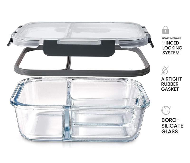 Houszy 3 Compartment Glass Food Storage Containers with Airtight(Pack of 3), Leak-Proof Snap-Lock Lids - BPA-Free, Microwave, Dishwasher, Oven, & Freezer-Safe Lunch Boxes Kitchen Utensils Sturdy Set 6