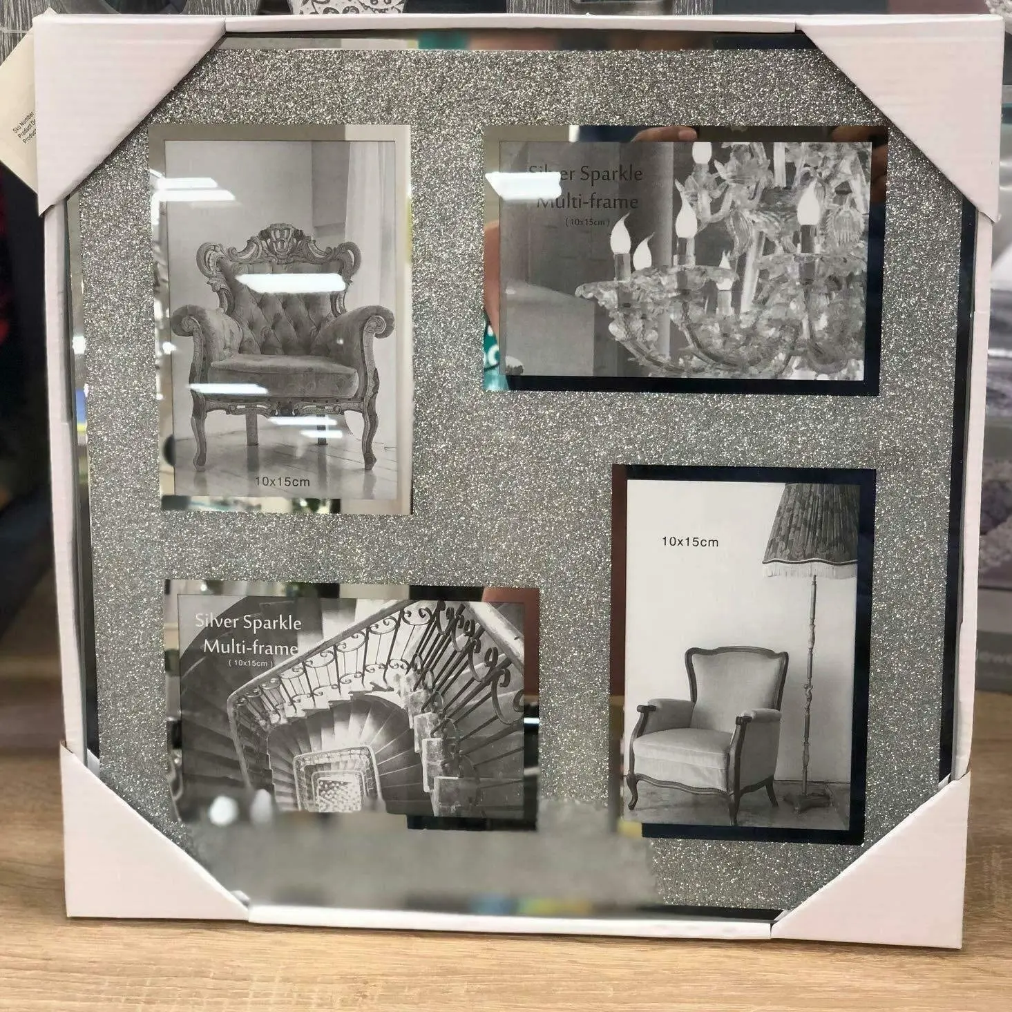 Biznest Aperture 4 Picture Photo Frame Hold 4 Picture Silver Mirrored Crushed Jewel Crystal Diamante 6”X4” Decor