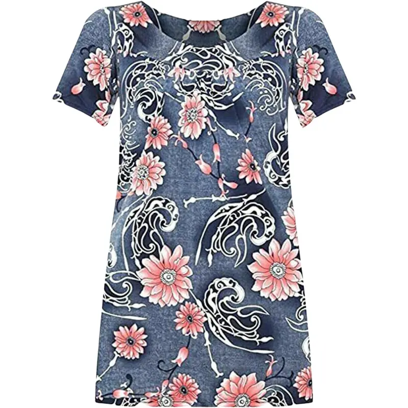 Womens Floral Print Swing Top Plus Size Ladies Fusion Paisely Print Tunic A-Line Short Sleeves Smock Dress Tunic Top 3