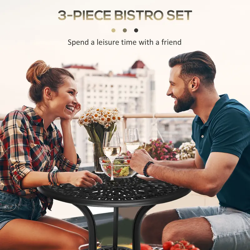 Outsunny 3 Piece Garden Bistro Set, Cast Aluminium Outdoor Furniture Set with Umbrella Hole for Balcony, Porch, Patio 2