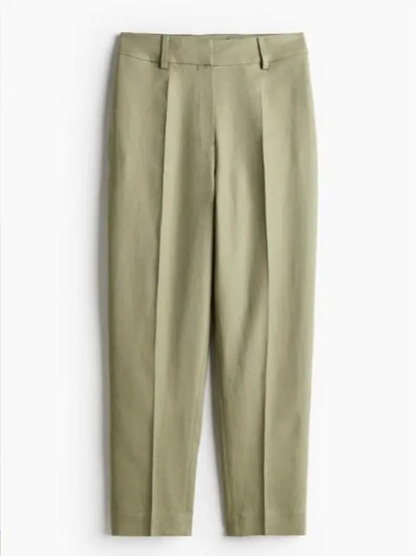Sage Green Linen Blend High Waist Loose Fit Elastic Waist Comfort Work Trousers 8 - 20