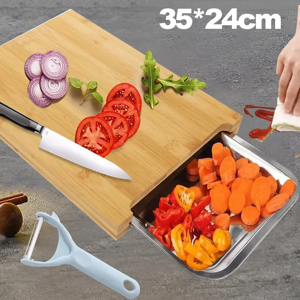 Wooden Bamboo Chopping Board Cutting Slicing with Sliding Stainless Steel Tray for Kitchen Knives Cutting Board