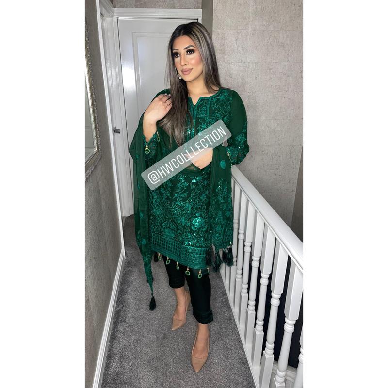 3pc Green Embroidered Shalwar Kameez with Chiffon dupatta Stitched Suit Ready to wear GC-GREEN 2