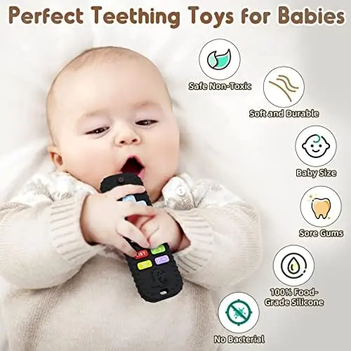 Teething Relief Teethers Toys for Babies 3-6 12 Months Gifts, Silicone Remote Control Baby Teether Bath Toys for 3 6 9 Months Newborn Infant Boy Girl Autism, Food Grade Silicone Sensory Toys, Black 1