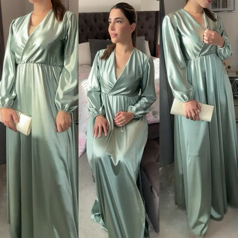 Women's Elegant Satin Dress with Shimmer Effect- Belted, V Neck Maxi, Elasticated Waist and Cuffs - UK Size 8-14 3