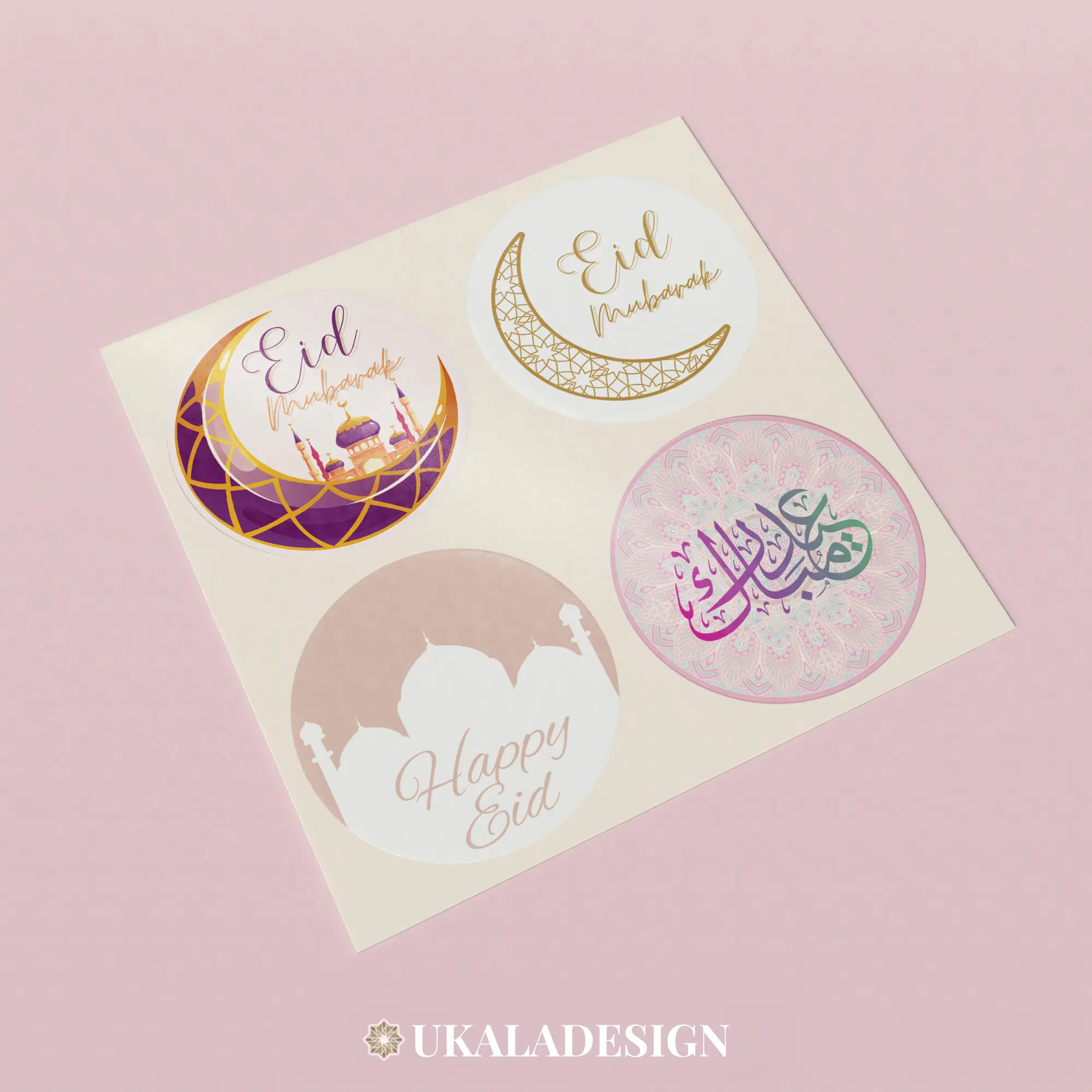Eid Mubarak Stickers/Labels - Single Design Sheets - 35 Circular Stickers - 37mm Diameter