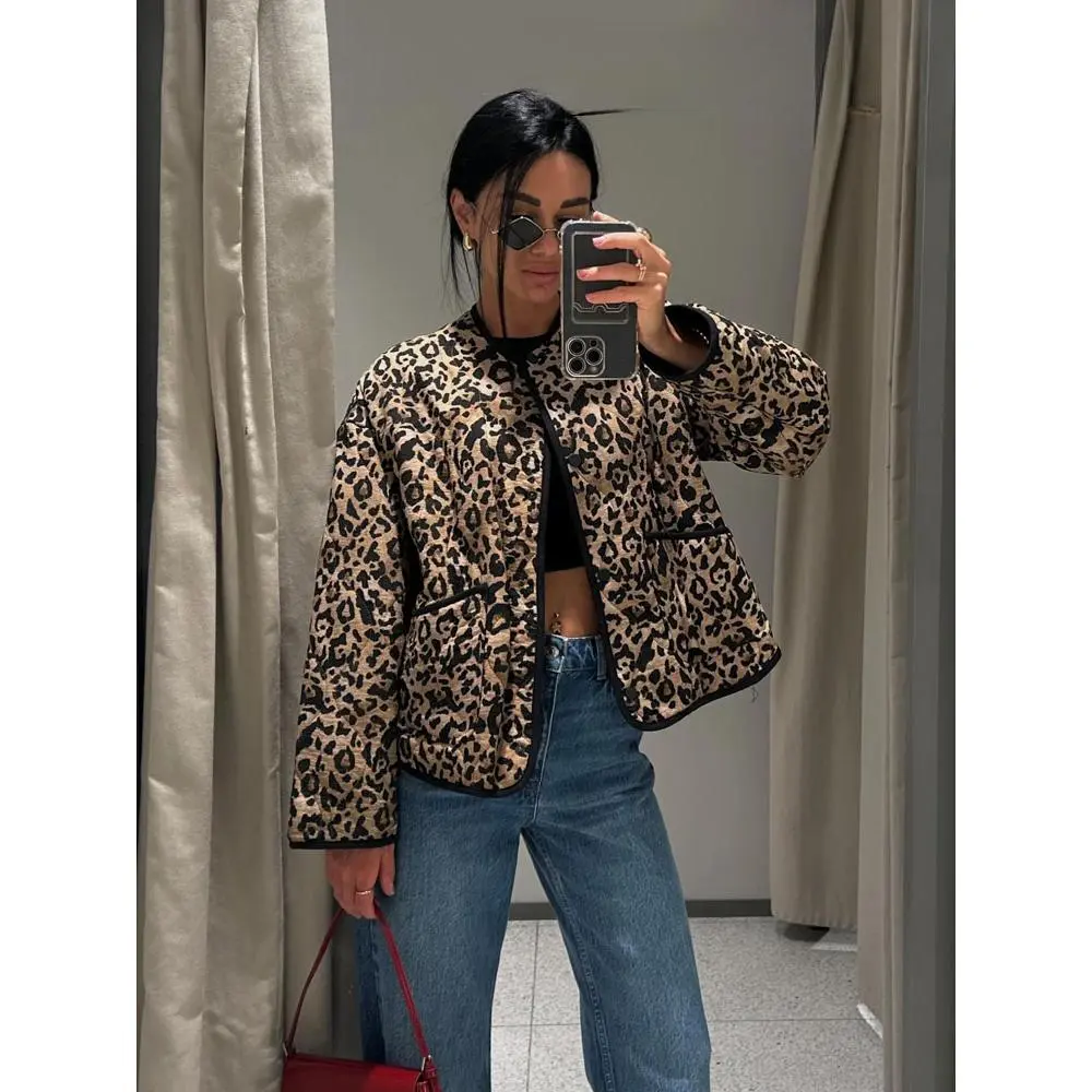 2025 Women's Winter Trendy Cotton Coat Leopard Print Decorated Single Breasted Women's Casual Pocket Jacket Streetwear