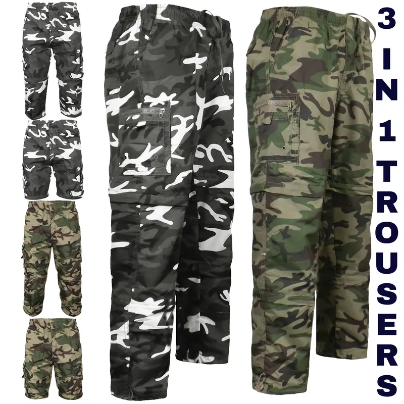 Mens 3 In 1 Camouflage Trousers Zip Off Shorts Combat Cargo Army Work Pant S-3XL Menswear Soft 0