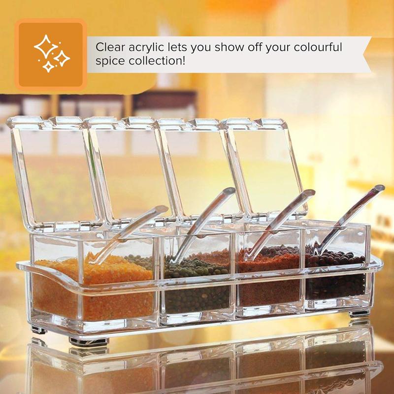 Spice Box - 4-Piece Spice Containers Storage Set - Seasoning Jars for Herbs, Spices & Seasonings - Acrylic Spice Storage with Cover and 8 Spoons for Salt, Pepper, Sugar, and Spices for Cooking Kitchen Transparent Utensils Tin Canister 5