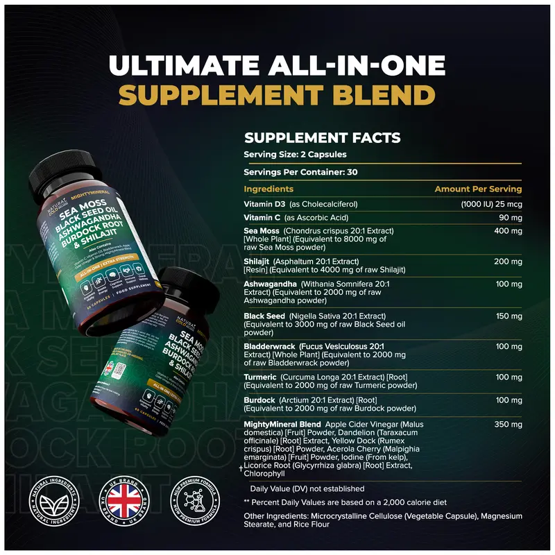 MightyMineral - Shilajit 4000MG, Sea Moss 8000MG, Ashwagandha 2000MG, Black Seed 3000MG, Burdock Root 2000MG | 5 IN 1 | ALL-IN-ONE | Optimum Healthcare Edible Dietary Natural Wellness & Fitness Supplement Highly Potent Capsules- Vegan 5
