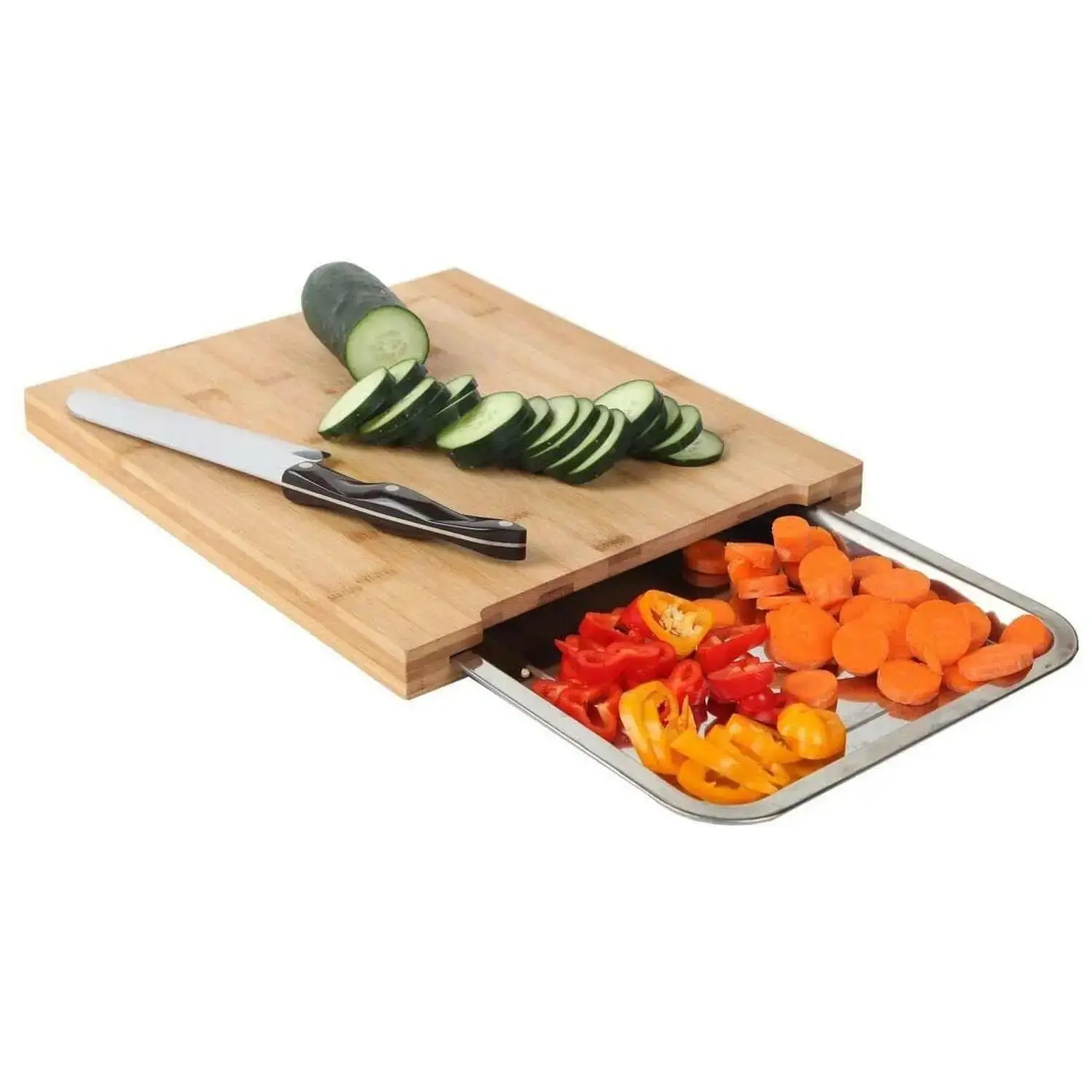 Taylor & Brown Bamboo Organic Wooden Chopping Board Kitchen Cutting Slicing with Sliding Stainless Steel Tray for Food Prep, Meat, Vegetables and Bread