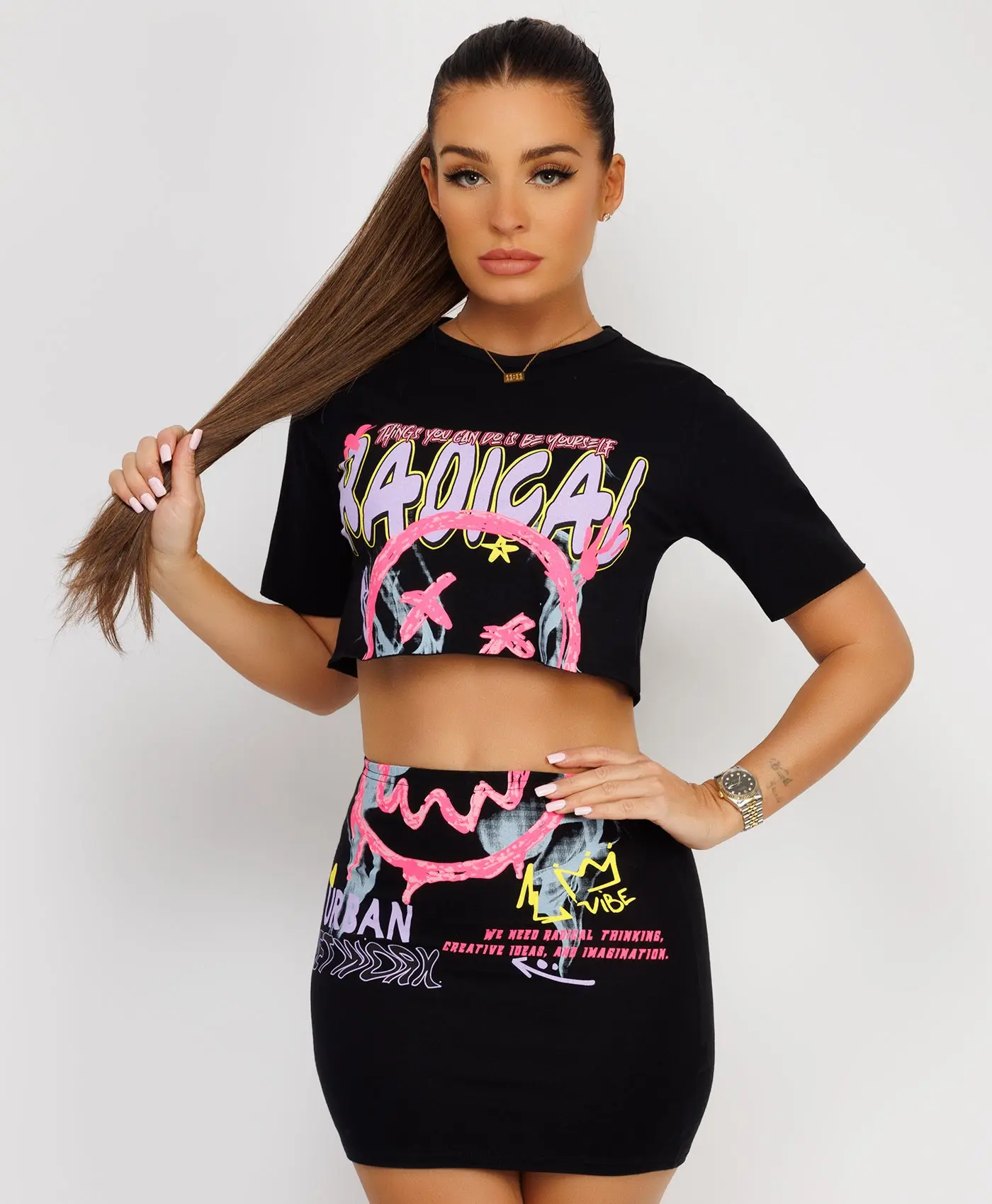Lexi Fashion Womens Neon Pink Radical Print Graphic Crop Top And Mini Bodycon Skirt Festival Rave Outfit 2 Pcs Co Ord Set UK Size Short Womenswear Comfortable