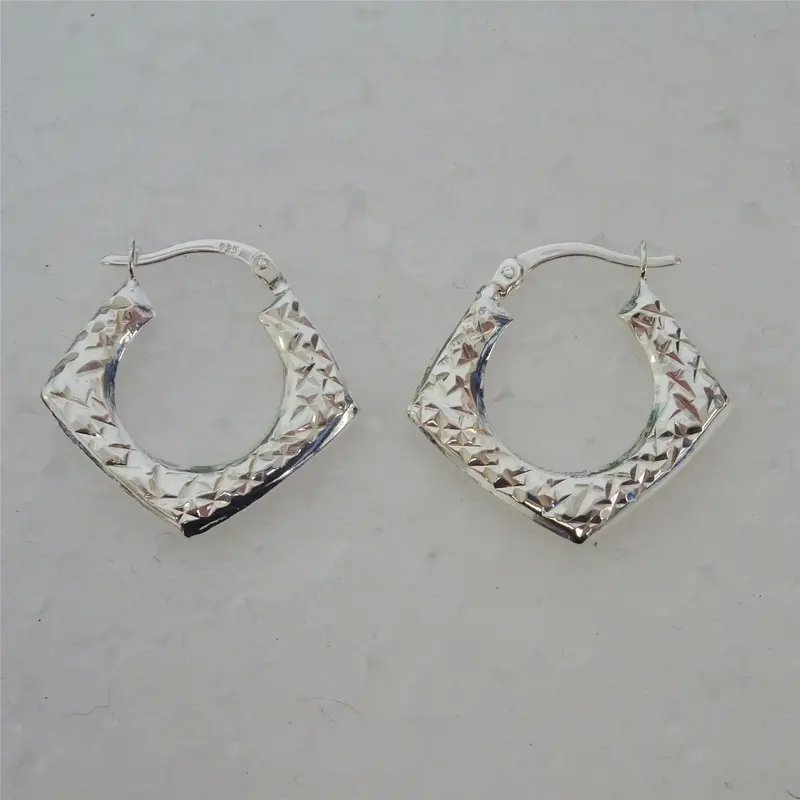 Sterling Silver Diamond Cut Squared Creole Hoop Earrings 1