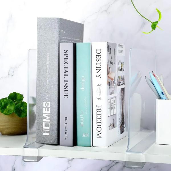 Product Introduction of 4X Clear Acrylic Shelf Dividers Storage Shelves Divider Wardrobe Organizer, Clear Acrylic Shelf Dividers for Closet Organization - Durable Closet, Book Shelf or Pantry Shelf Divider for Wood Shelves, Space Saving Shelf Organizers Racks Wooden 4