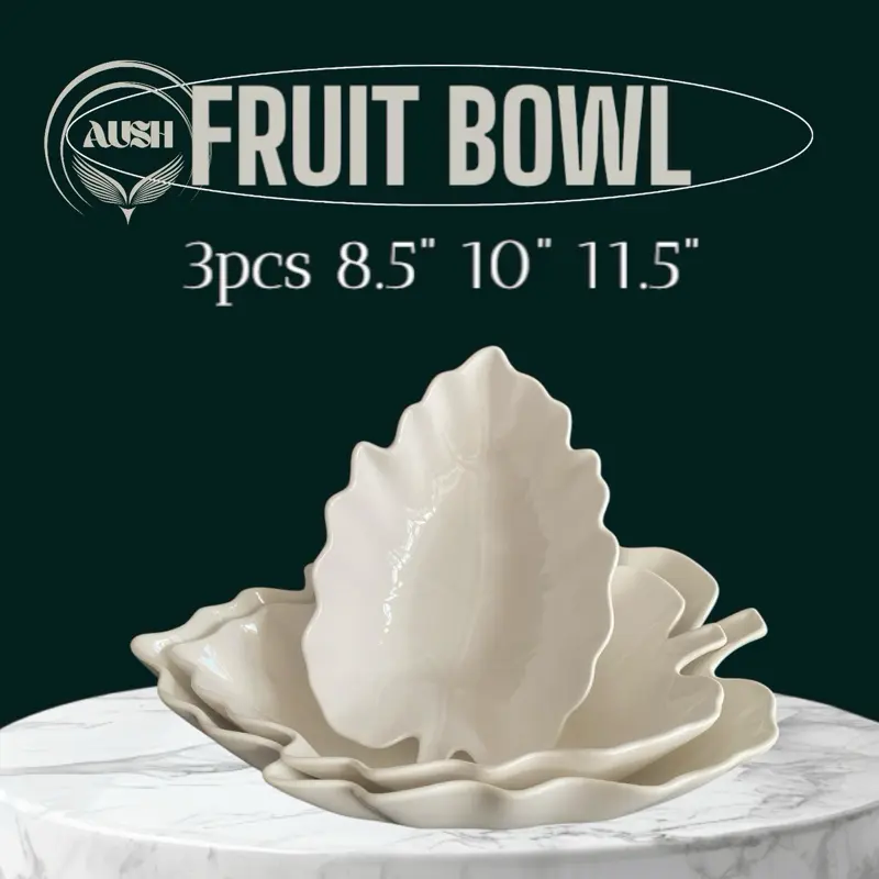 3 Set Leaf Shaped White Fruit Bowls - 8.5” 10” 11.5” - Tableware