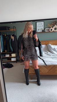 Product Review of Women's Leopard Print Backless Mesh Dress, Fashion Casual Boat Neck Flounce Sleeve Short Dress for Daily Outdoor Wear, Women Dress for Spring Fall, Valentine's Day Gift for Girl, Dresses for Women, Holiday Dresses from K**y A** M**r 1
