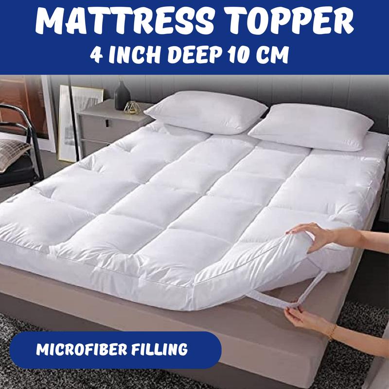 4" Inch Deep Mattress Topper 10cm Extra Thick Quilted Heavy Box Stitched Fluffy Hypoallergenic Microfiber with Strong Elasticated Corner Straps Matress Topper White Color Sizes Single, 4ft / Small Double, Double, King, Super King 0