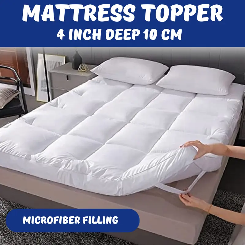 4" Inch Deep Mattress Topper 10cm Extra Thick Quilted Heavy Box Stitched Fluffy Hypoallergenic Microfiber with Strong Elasticated Corner Straps Matress Topper White Color Sizes Single, 4ft / Small Double, Double, King, Super King 0