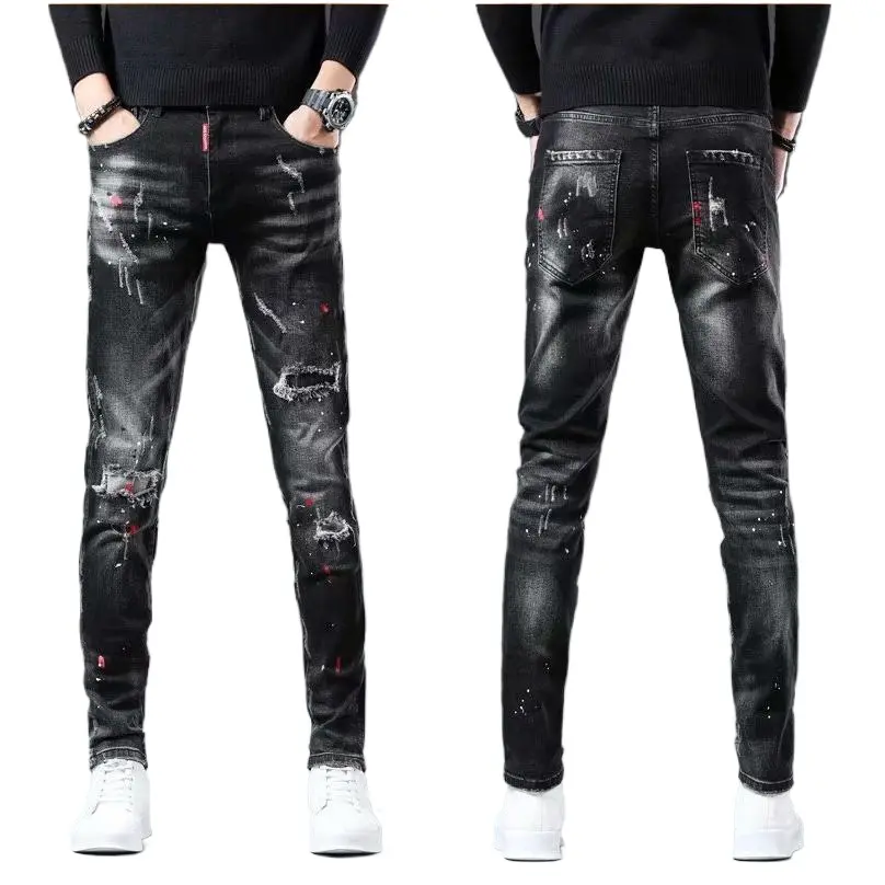 New Arrival Denim Jeans for Men Slim Distressed Ripped Pants Paint Splatter Design Streetwear Luxury Slim Men Jeans