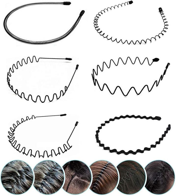 Elastic Wavy Spring Wave Hair Hoop, Multi-Style Black Non-slip Metal,Unisex Sport Fashion Hair Band Accessories for Women and Men(6 Pieces) 1