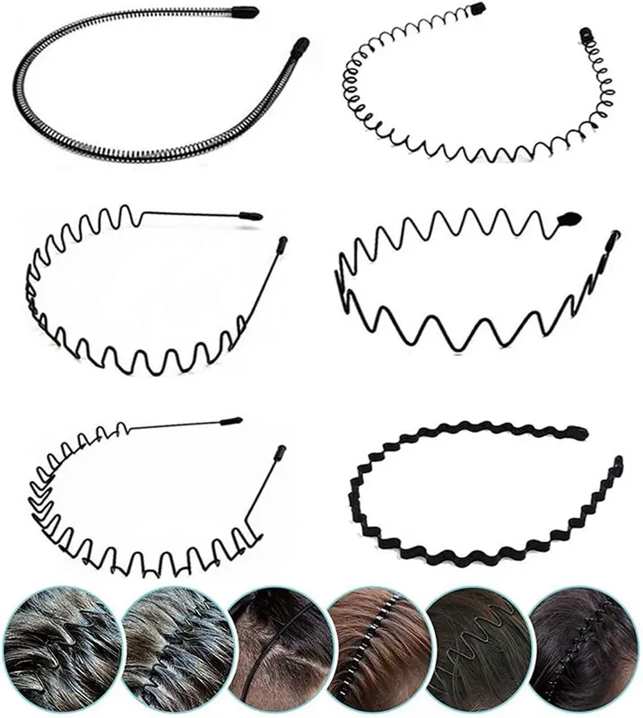Elastic Wavy Spring Wave Hair Hoop, Multi-Style Black Non-slip Metal,Unisex Sport Fashion Hair Band Accessories for Women and Men(6 Pieces) 0